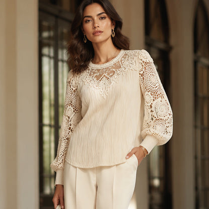 🔥‑50 % 🤍 Top raffiné avec broderie en dentelle, tissu froissé confortable