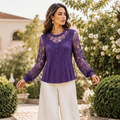 🔥‑50 % 🤍 Top raffiné avec broderie en dentelle, tissu froissé confortable