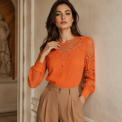 🔥‑50 % 🤍 Top raffiné avec broderie en dentelle, tissu froissé confortable