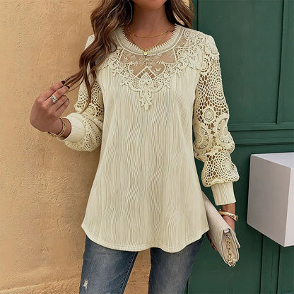 🔥‑50 % 🤍 Top raffiné avec broderie en dentelle, tissu froissé confortable