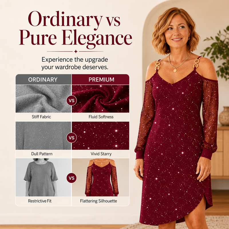 🌿 Robe épaules dénudées pailletée, détail noué et coupe droite pour allure élégante et lumineuse