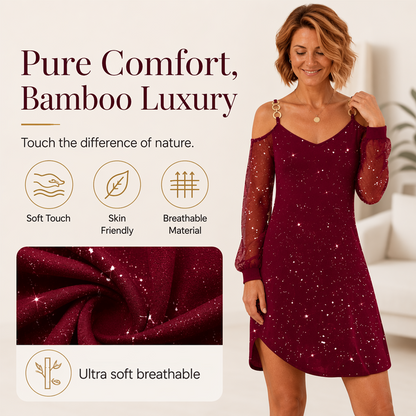 🌿 Robe épaules dénudées pailletée, détail noué et coupe droite pour allure élégante et lumineuse