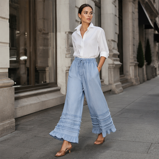 🔥-56%, Pantalon large femme en denim Tencel, taille élastique à cordon de serrage, ourlet à franges et volants décoratifs, coupe culotte ample🍃 Coupe confort sans contrainte