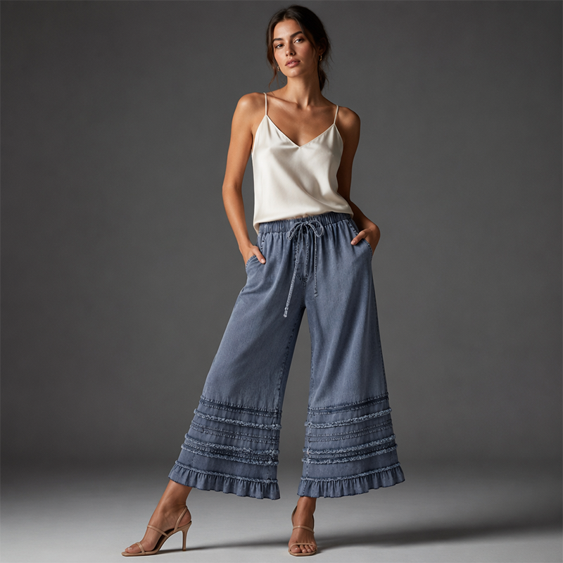 🔥-56%, Pantalon large femme en denim Tencel, taille élastique à cordon de serrage, ourlet à franges et volants décoratifs, coupe culotte ample🍃 Coupe confort sans contrainte