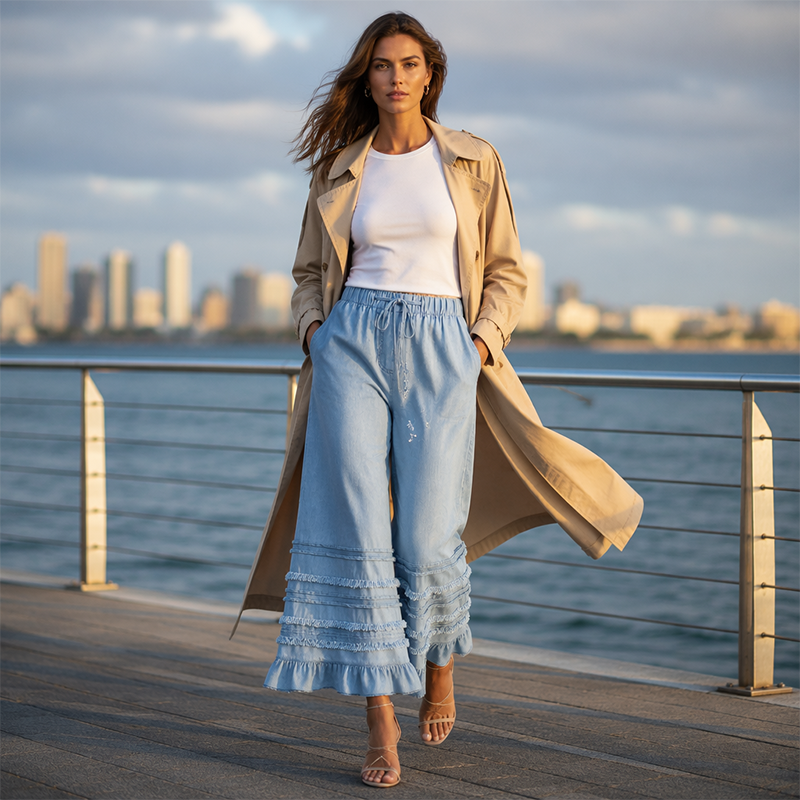 🔥-56%, Pantalon large femme en denim Tencel, taille élastique à cordon de serrage, ourlet à franges et volants décoratifs, coupe culotte ample🍃 Coupe confort sans contrainte