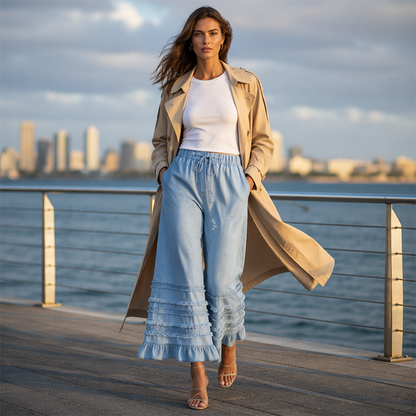 🔥-56%, Pantalon large femme en denim Tencel, taille élastique à cordon de serrage, ourlet à franges et volants décoratifs, coupe culotte ample🍃 Coupe confort sans contrainte