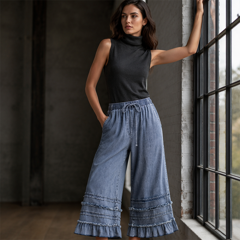 🔥-56%, Pantalon large femme en denim Tencel, taille élastique à cordon de serrage, ourlet à franges et volants décoratifs, coupe culotte ample🍃 Coupe confort sans contrainte