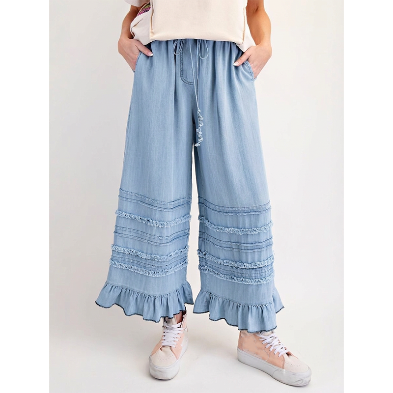 🔥-56%, Pantalon large femme en denim Tencel, taille élastique à cordon de serrage, ourlet à franges et volants décoratifs, coupe culotte ample🍃 Coupe confort sans contrainte