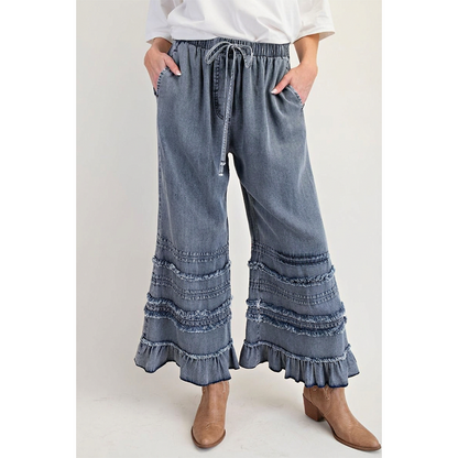 🔥-56%, Pantalon large femme en denim Tencel, taille élastique à cordon de serrage, ourlet à franges et volants décoratifs, coupe culotte ample🍃 Coupe confort sans contrainte