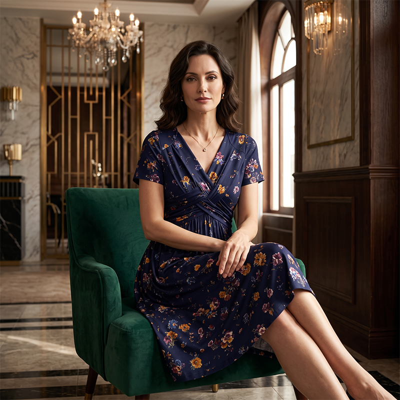 🌺👗Damenkleid mit V-Ausschnitt, Blumenmuster und gedrehter Taille
