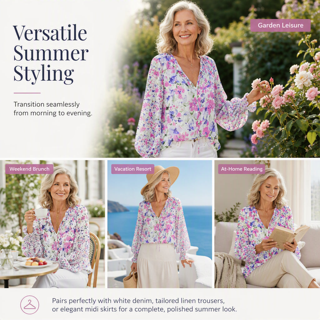 🌸💐 Haut à col en V respirant à imprimé floral pour femme