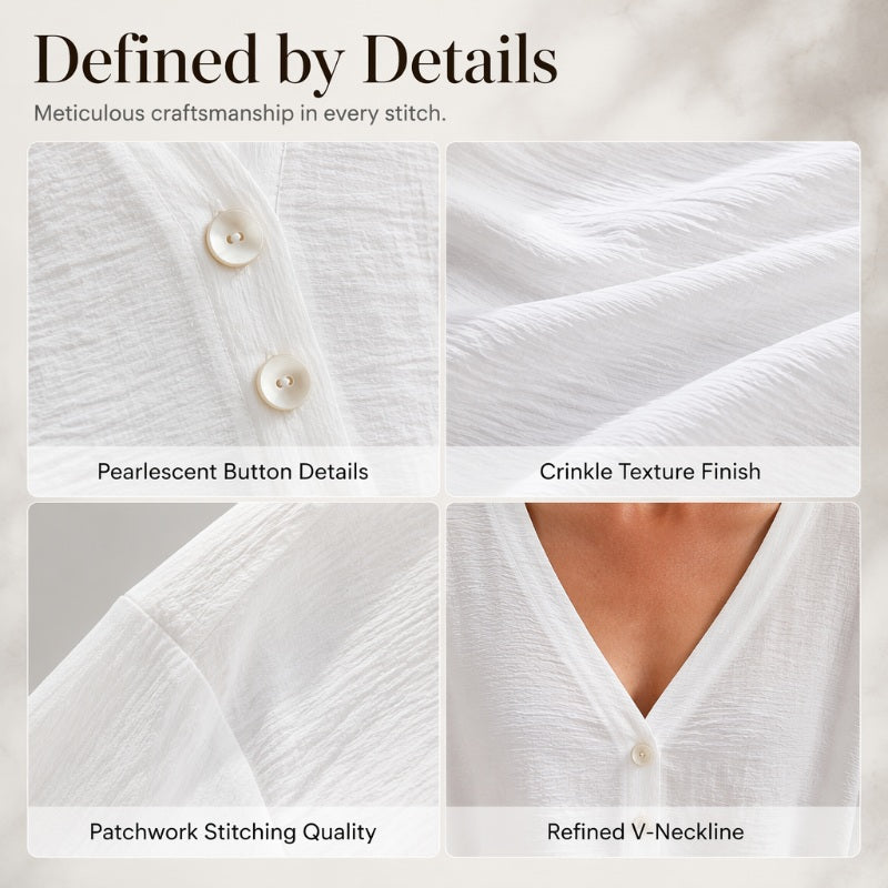 Cardigan boutonné pour femme à col en V, manches trois-quarts amples, tissu texturé léger, coupe décontractée pour usage quotidien 🔥 - 57 % 🍃 Coupe ample sans serrement, plusieurs coloris unis polyvalents