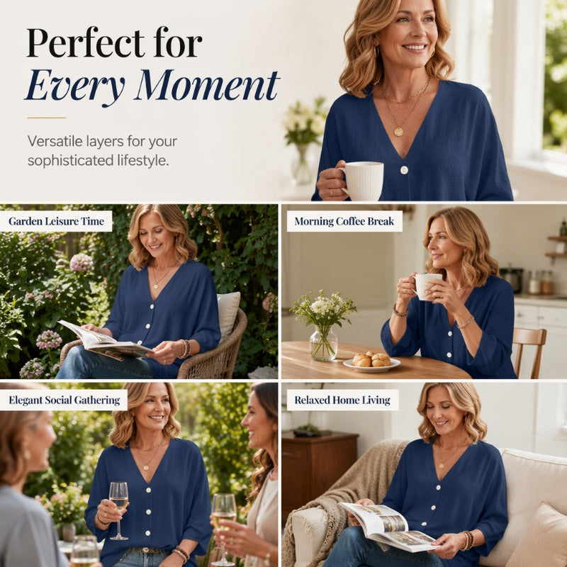 Cardigan boutonné pour femme à col en V, manches trois-quarts amples, tissu texturé léger, coupe décontractée pour usage quotidien 🔥 - 57 % 🍃 Coupe ample sans serrement, plusieurs coloris unis polyvalents