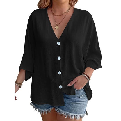 Cardigan boutonné pour femme à col en V, manches trois-quarts amples, tissu texturé léger, coupe décontractée pour usage quotidien 🔥 - 57 % 🍃 Coupe ample sans serrement, plusieurs coloris unis polyvalents