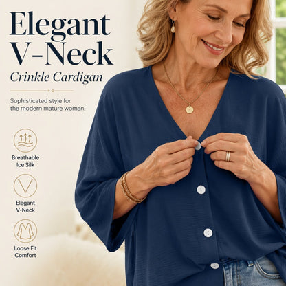 Cardigan boutonné pour femme à col en V, manches trois-quarts amples, tissu texturé léger, coupe décontractée pour usage quotidien 🔥 - 57 % 🍃 Coupe ample sans serrement, plusieurs coloris unis polyvalents