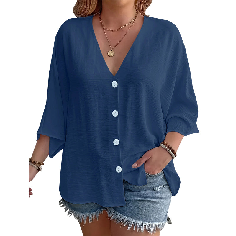 Cardigan boutonné pour femme à col en V, manches trois-quarts amples, tissu texturé léger, coupe décontractée pour usage quotidien 🔥 - 57 % 🍃 Coupe ample sans serrement, plusieurs coloris unis polyvalents