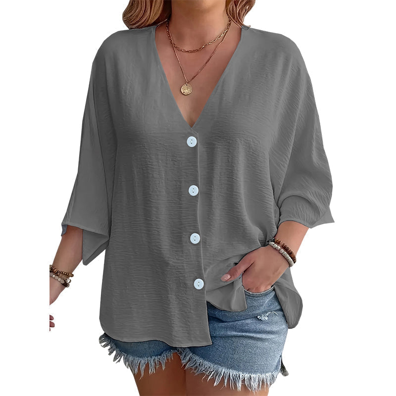 Cardigan boutonné pour femme à col en V, manches trois-quarts amples, tissu texturé léger, coupe décontractée pour usage quotidien 🔥 - 57 % 🍃 Coupe ample sans serrement, plusieurs coloris unis polyvalents