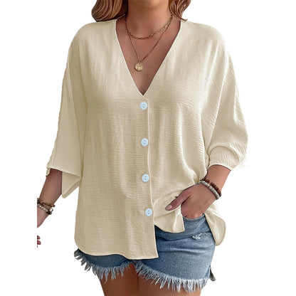 Cardigan boutonné pour femme à col en V, manches trois-quarts amples, tissu texturé léger, coupe décontractée pour usage quotidien 🔥 - 57 % 🍃 Coupe ample sans serrement, plusieurs coloris unis polyvalents