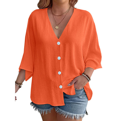 Cardigan boutonné pour femme à col en V, manches trois-quarts amples, tissu texturé léger, coupe décontractée pour usage quotidien 🔥 - 57 % 🍃 Coupe ample sans serrement, plusieurs coloris unis polyvalents