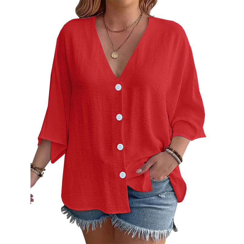 Cardigan boutonné pour femme à col en V, manches trois-quarts amples, tissu texturé léger, coupe décontractée pour usage quotidien 🔥 - 57 % 🍃 Coupe ample sans serrement, plusieurs coloris unis polyvalents