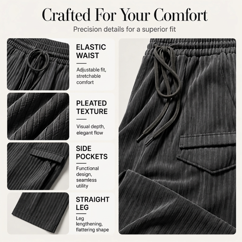 Pantalon droit côtelé femme à taille élastique et cordon de serrage, coupe ample fluide, tissu texturé doux pour usage quotidien🔥-44%🍃 Coupe ample sans serrement, plusieurs coloris unis polyvalents