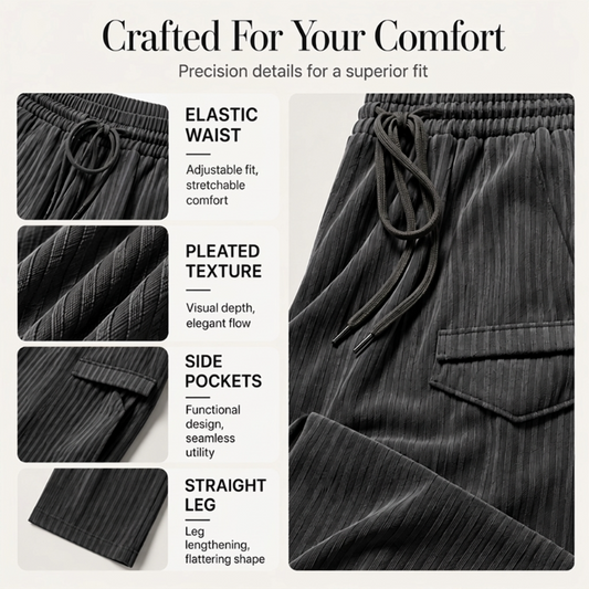 Pantalon droit côtelé femme à taille élastique et cordon de serrage, coupe ample fluide, tissu texturé doux pour usage quotidien🔥-44%🍃 Coupe ample sans serrement, plusieurs coloris unis polyvalents