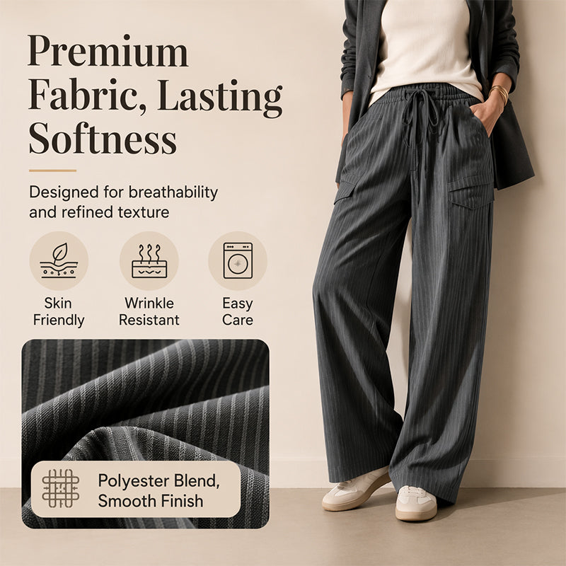 Pantalon droit côtelé femme à taille élastique et cordon de serrage, coupe ample fluide, tissu texturé doux pour usage quotidien🔥-44%🍃 Coupe ample sans serrement, plusieurs coloris unis polyvalents