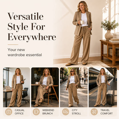 Pantalon droit côtelé femme à taille élastique et cordon de serrage, coupe ample fluide, tissu texturé doux pour usage quotidien🔥-44%🍃 Coupe ample sans serrement, plusieurs coloris unis polyvalents
