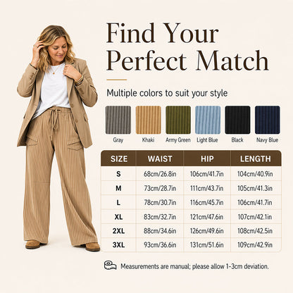 Pantalon droit côtelé femme à taille élastique et cordon de serrage, coupe ample fluide, tissu texturé doux pour usage quotidien🔥-44%🍃 Coupe ample sans serrement, plusieurs coloris unis polyvalents