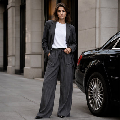 Pantalon droit côtelé femme à taille élastique et cordon de serrage, coupe ample fluide, tissu texturé doux pour usage quotidien🔥-44%🍃 Coupe ample sans serrement, plusieurs coloris unis polyvalents