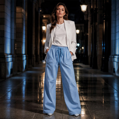 Pantalon droit côtelé femme à taille élastique et cordon de serrage, coupe ample fluide, tissu texturé doux pour usage quotidien🔥-44%🍃 Coupe ample sans serrement, plusieurs coloris unis polyvalents
