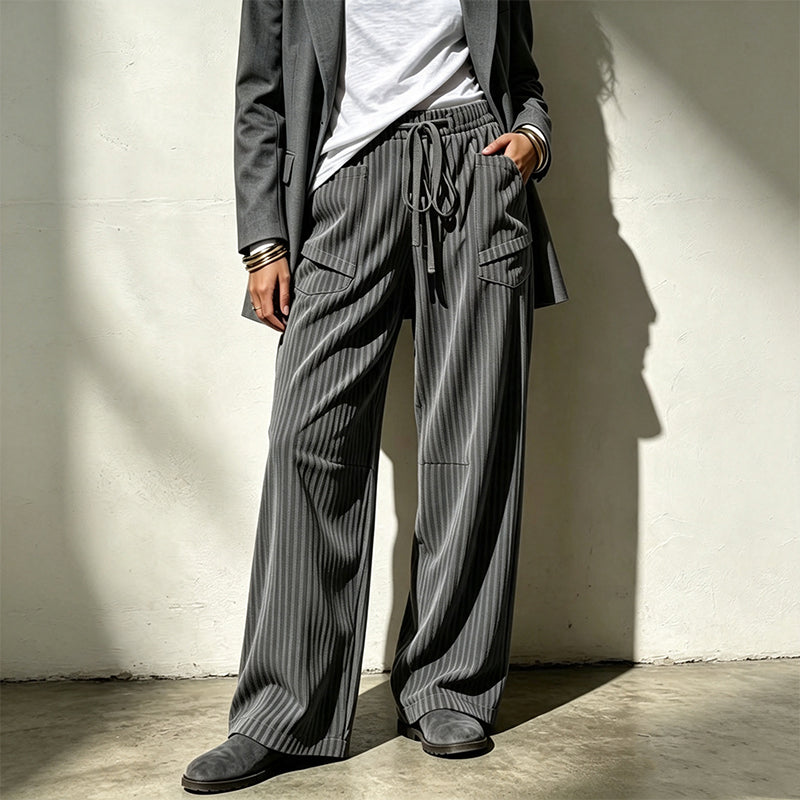 Pantalon droit côtelé femme à taille élastique et cordon de serrage, coupe ample fluide, tissu texturé doux pour usage quotidien🔥-44%🍃 Coupe ample sans serrement, plusieurs coloris unis polyvalents