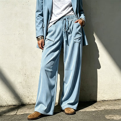 Pantalon droit côtelé femme à taille élastique et cordon de serrage, coupe ample fluide, tissu texturé doux pour usage quotidien🔥-44%🍃 Coupe ample sans serrement, plusieurs coloris unis polyvalents