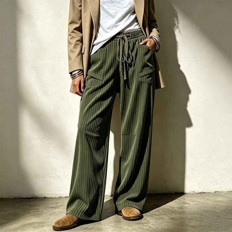 Pantalon droit côtelé femme à taille élastique et cordon de serrage, coupe ample fluide, tissu texturé doux pour usage quotidien🔥-44%🍃 Coupe ample sans serrement, plusieurs coloris unis polyvalents