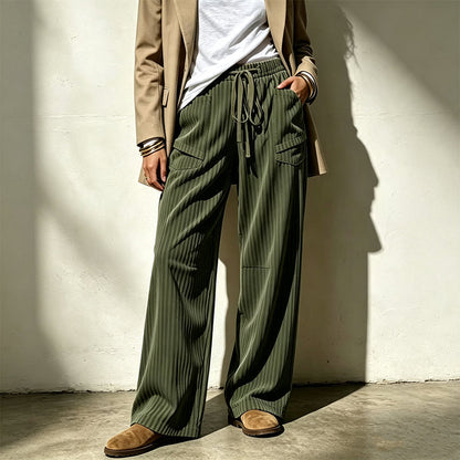 Pantalon droit côtelé femme à taille élastique et cordon de serrage, coupe ample fluide, tissu texturé doux pour usage quotidien🔥-44%🍃 Coupe ample sans serrement, plusieurs coloris unis polyvalents