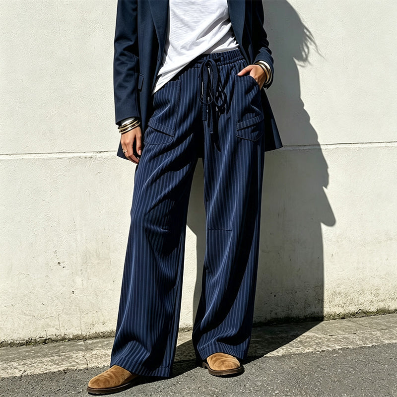 Pantalon droit côtelé femme à taille élastique et cordon de serrage, coupe ample fluide, tissu texturé doux pour usage quotidien🔥-44%🍃 Coupe ample sans serrement, plusieurs coloris unis polyvalents