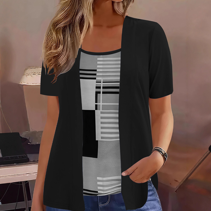 🔥‑50%🌿 Haut décontracté à imprimé graphique, design faux deux‑pièces, coupe agréable au quotidien🍃tissu doux sans compression, multiples coloris