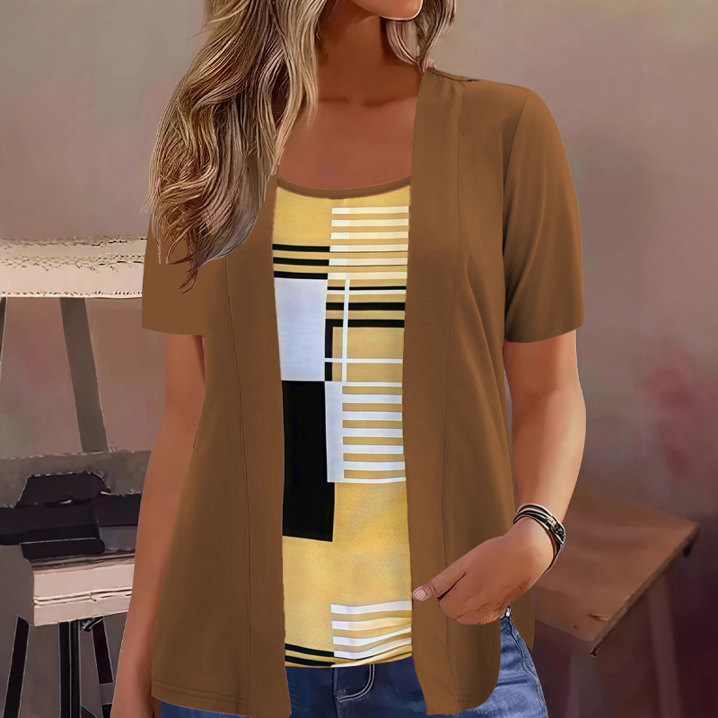 🔥‑50%🌿 Haut décontracté à imprimé graphique, design faux deux‑pièces, coupe agréable au quotidien🍃tissu doux sans compression, multiples coloris