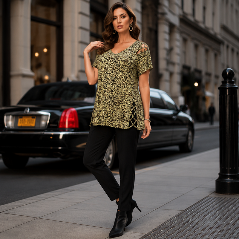 🐆 T-shirt pour femme léopard col V – Coupe fluide, confort chic au quotidien