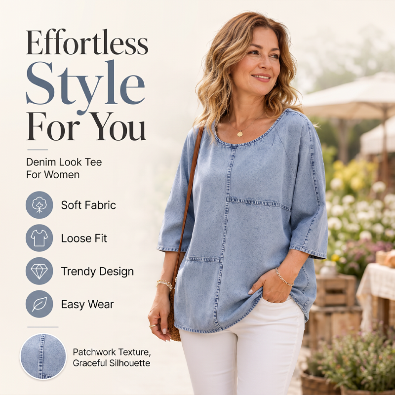 T-shirt manches courtes femme en denim, coupe ample décontractée, imprimé graphique et détails coutures pour usage quotidien🔥-40% 🍃 style décontracté polyvalent