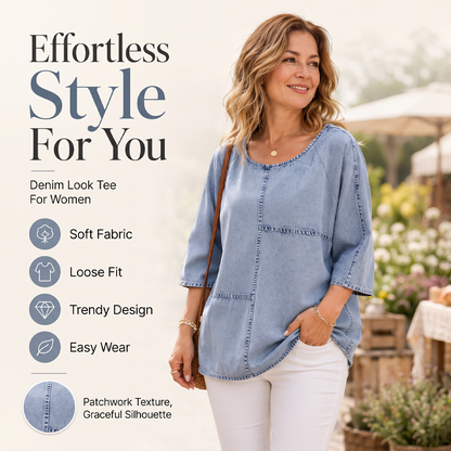 T-shirt manches courtes femme en denim, coupe ample décontractée, imprimé graphique et détails coutures pour usage quotidien🔥-40% 🍃 style décontracté polyvalent