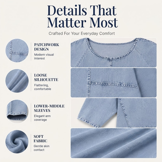 T-shirt manches courtes femme en denim, coupe ample décontractée, imprimé graphique et détails coutures pour usage quotidien🔥-40% 🍃 style décontracté polyvalent