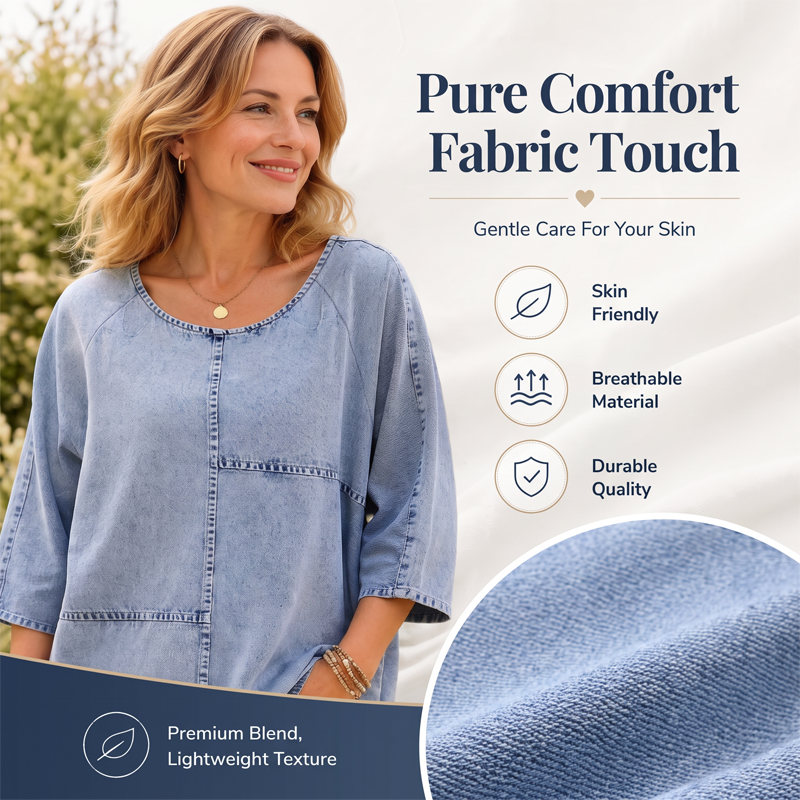 T-shirt manches courtes femme en denim, coupe ample décontractée, imprimé graphique et détails coutures pour usage quotidien🔥-40% 🍃 style décontracté polyvalent