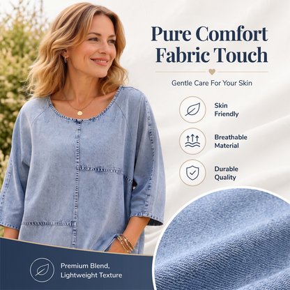 T-shirt manches courtes femme en denim, coupe ample décontractée, imprimé graphique et détails coutures pour usage quotidien🔥-40% 🍃 style décontracté polyvalent