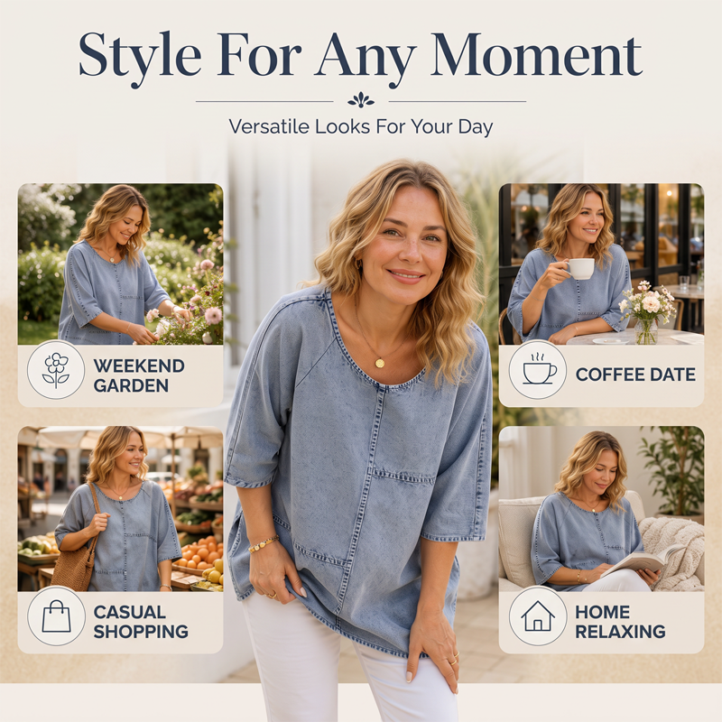 T-shirt manches courtes femme en denim, coupe ample décontractée, imprimé graphique et détails coutures pour usage quotidien🔥-40% 🍃 style décontracté polyvalent