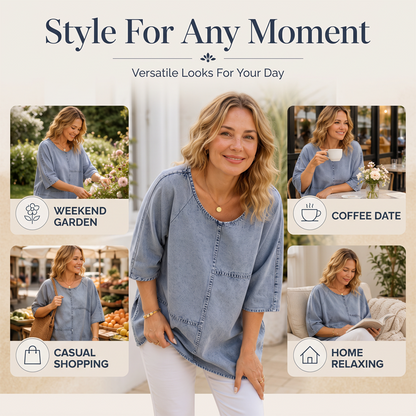 T-shirt manches courtes femme en denim, coupe ample décontractée, imprimé graphique et détails coutures pour usage quotidien🔥-40% 🍃 style décontracté polyvalent