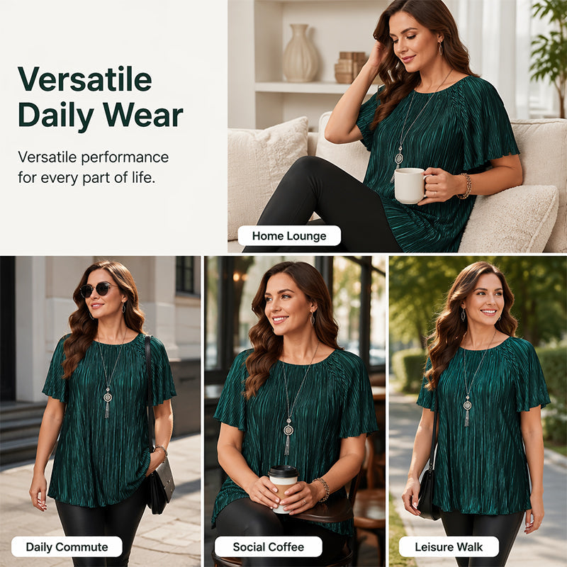 ✨‑50%  Blouse plissée à manches courtes grande taille femme, haut ample cache‑ventre