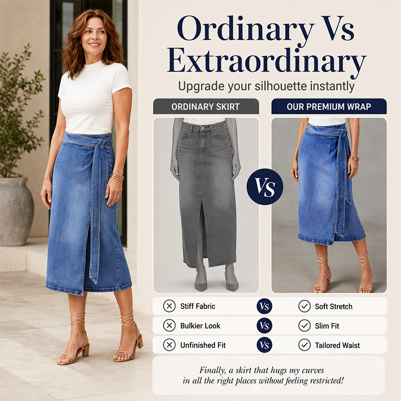 ✨🛍️Jupe portefeuille en denim vintage – Fermeture ajustable par nouage sur le côté et longueur midi polyvalente, idéale du matin au soir