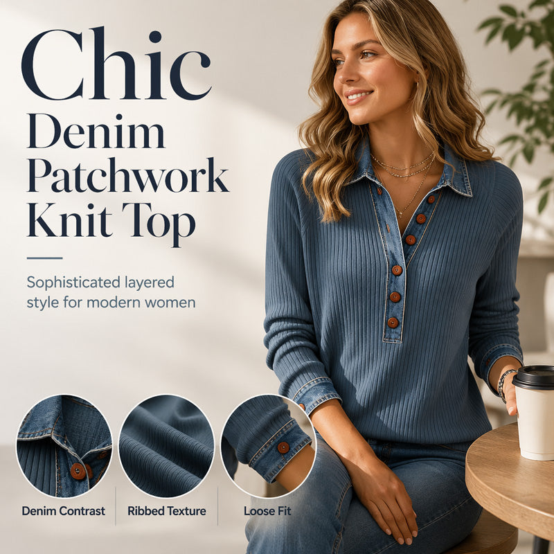 🔥-40% Haut maille patchwork femme col denim manches longues boutons devant🍃 Coupe confortable sans serrement, plusieurs coloris unis disponibles