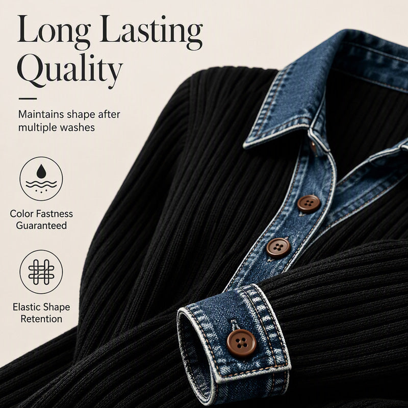 🔥-40% Haut maille patchwork femme col denim manches longues boutons devant🍃 Coupe confortable sans serrement, plusieurs coloris unis disponibles